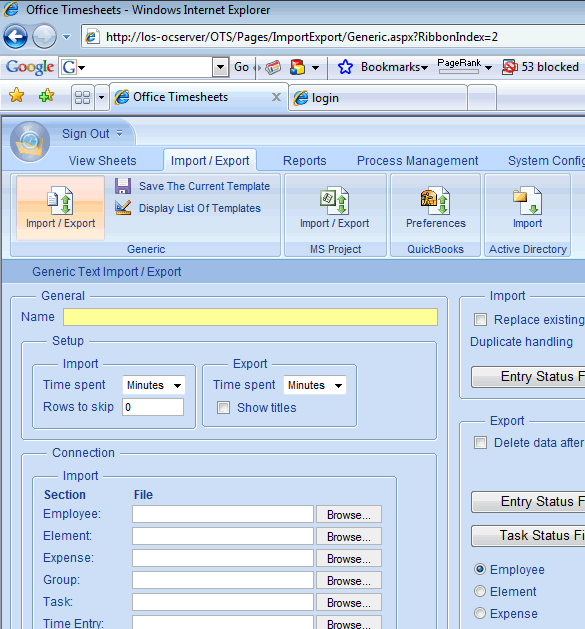 Timesheet CSV Import and Export Screen