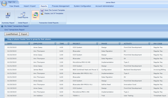 Timesheet time entry transaction detail report